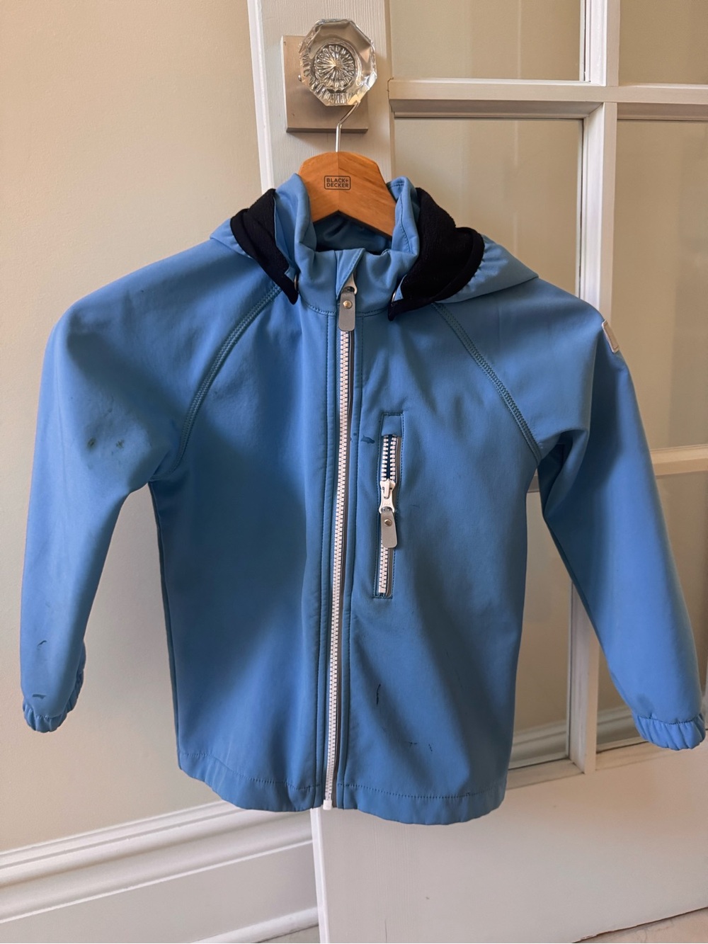 Kids Water-Resistant Light Blue Hooded Raincoat with Black Trim